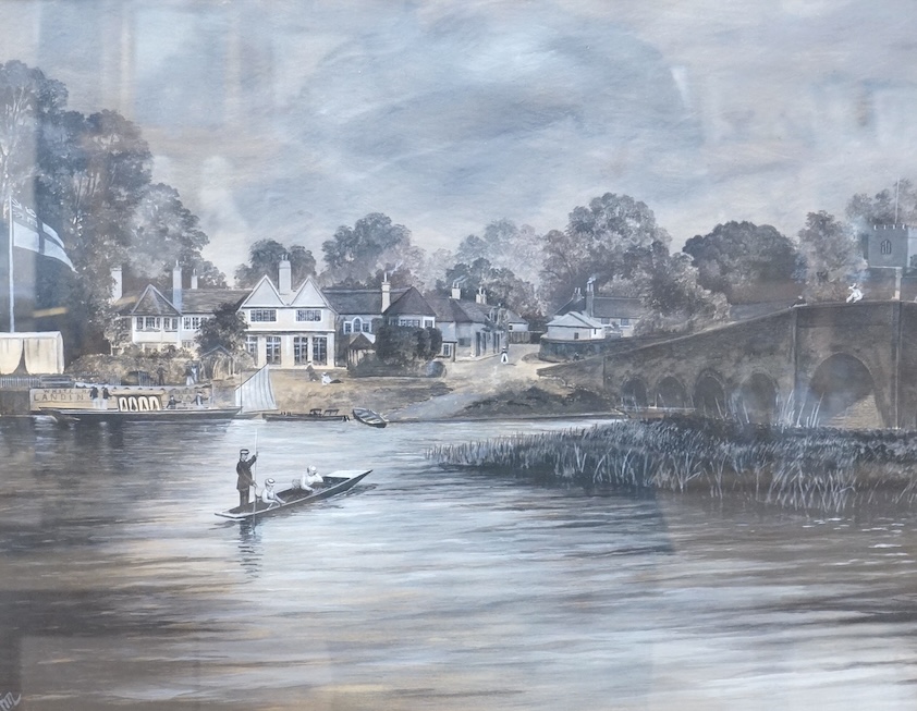 Early 20th century, English School, 'Sonning on the Thames', monogrammed H M, watercolour and gouache, 39 x 49cm
